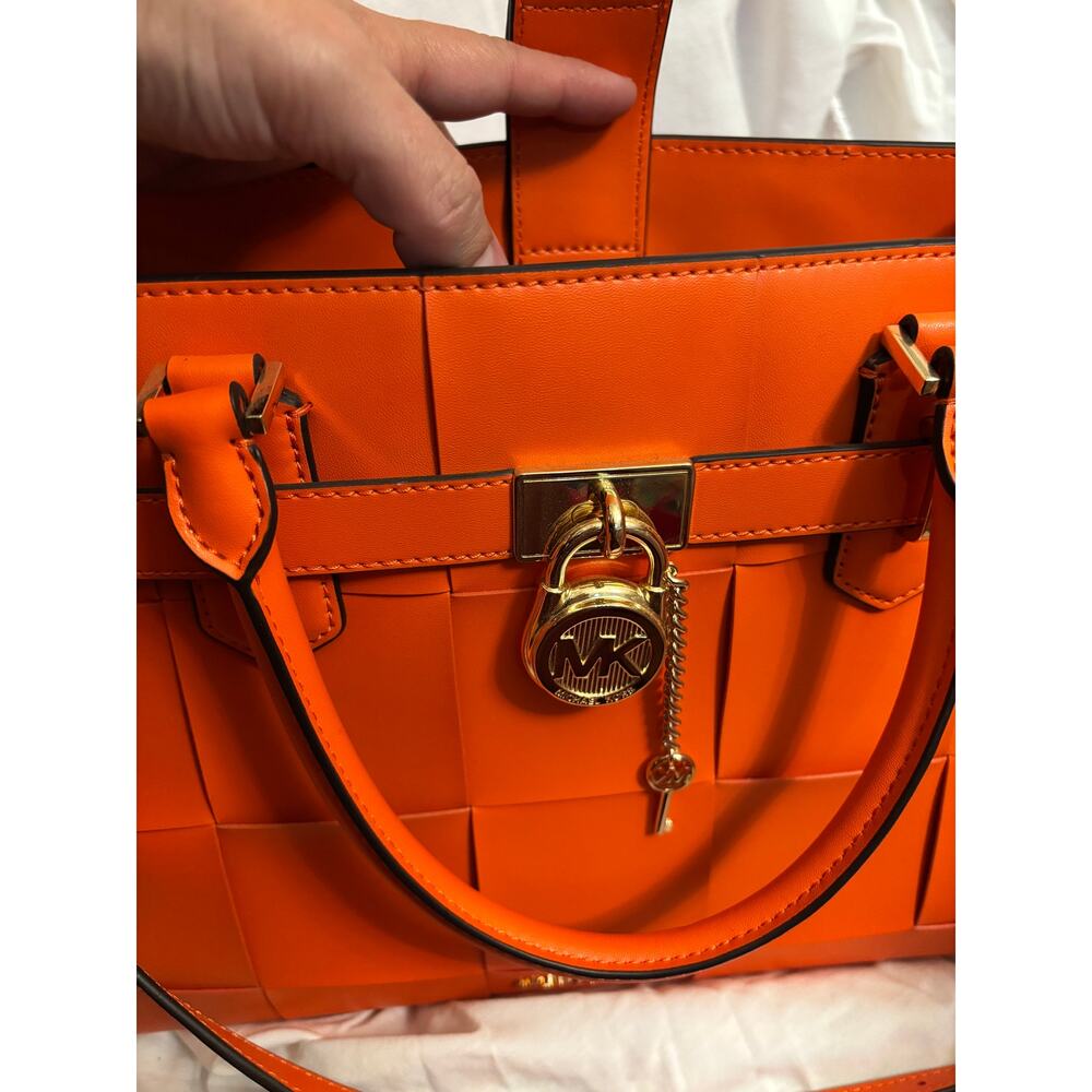 Michael Kors Saffiano Leather Medium Hamilton Woven Satchel in Poppy - Picture 3 of 7